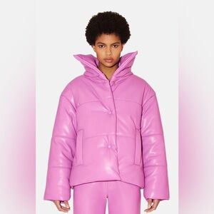 Nanushka hide faux leather puffer coat with collar in super pink, size medium.